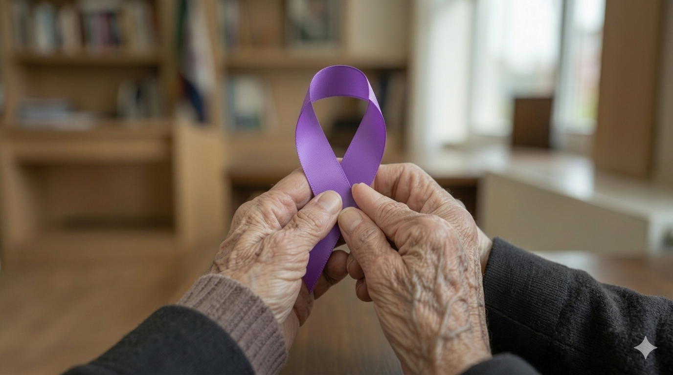 Laço violeta, símbolo da campanha Junho Violeta, em destaque com pessoas idosas ao fundo, representando a conscientização e o combate à violência contra a pessoa idosa.